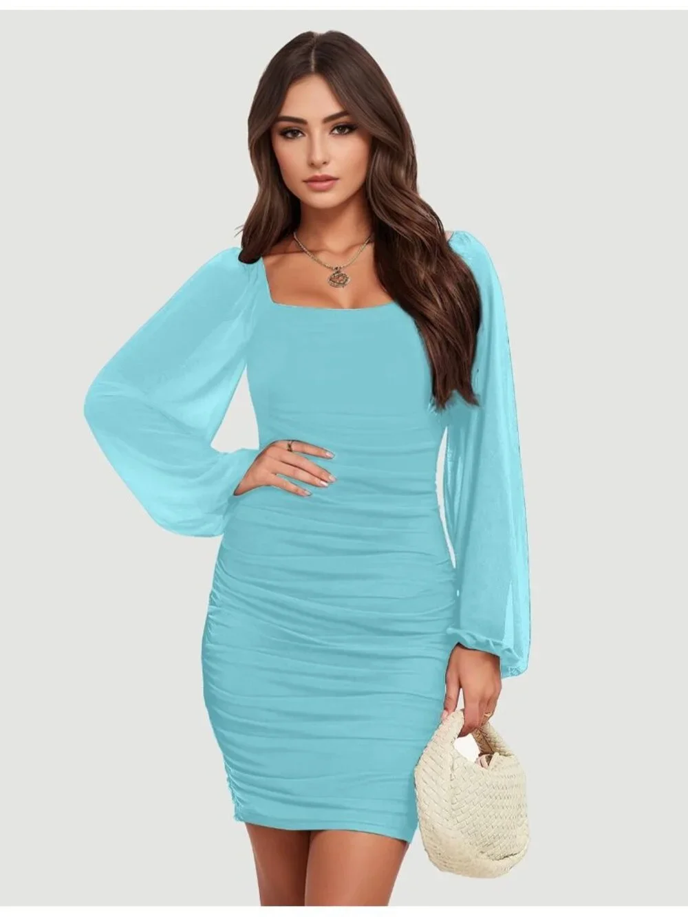 👗Women's Light Blue Long Sleeve Square Neck Ruched Party Cocktail Bodycon Dress